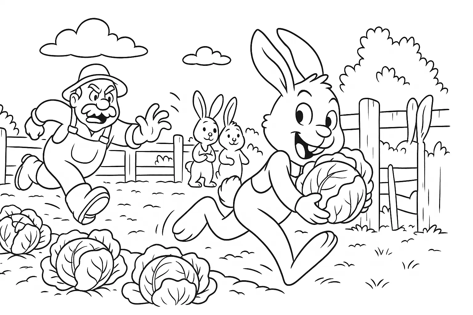 Bauer jagt Hasen mit Kohl im Arm – lustiges Ausmalbild