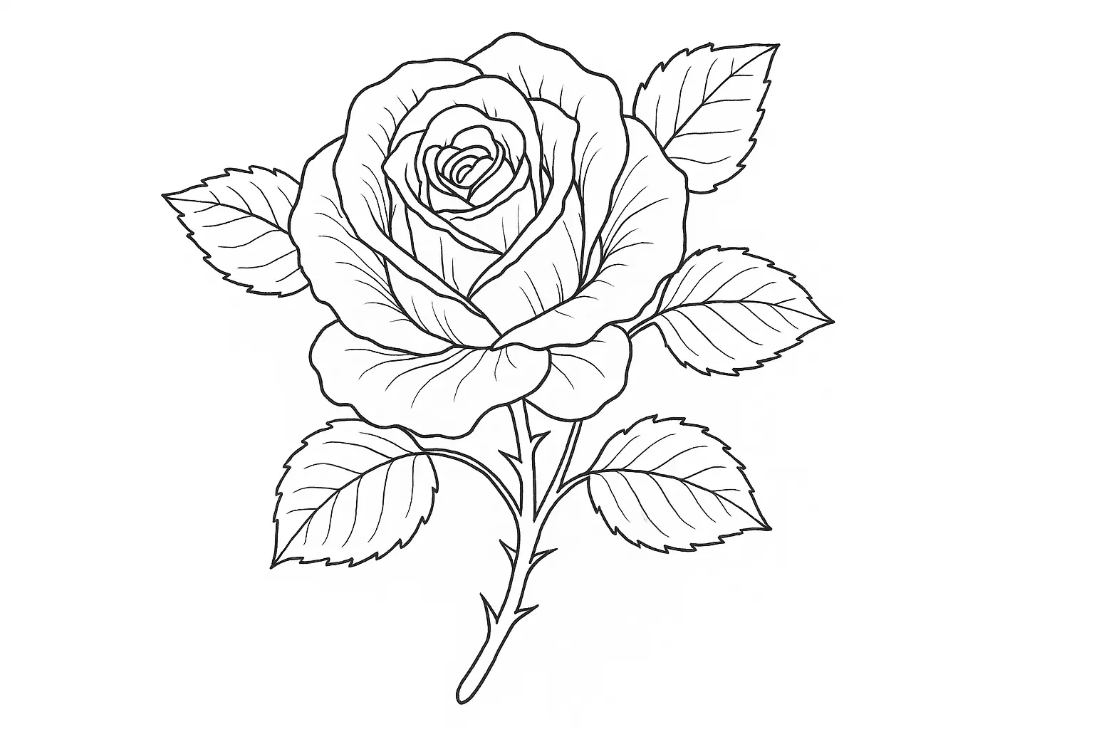 Rose mit Stiel & gezackten Blättern – Ausmalbild (PDF)
