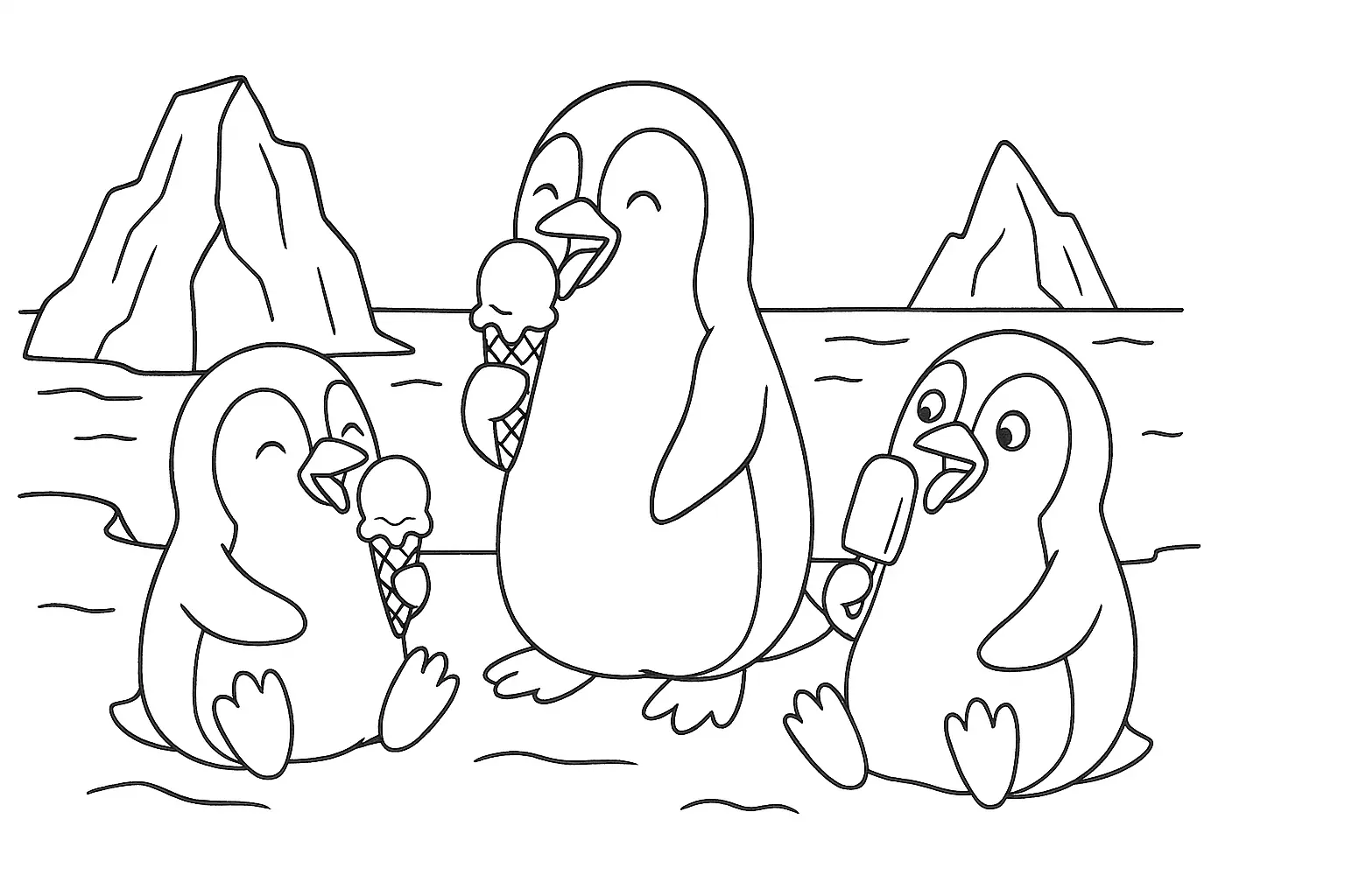 Kostenloses Ausmalbild: Fröhliche Pinguine mit Eis in der Hand