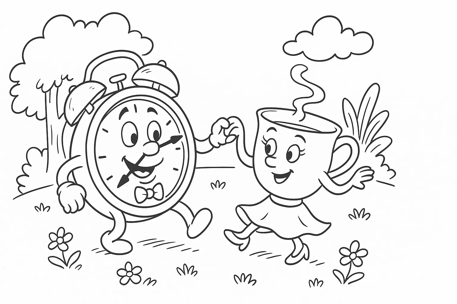 Wecker & Tasse tanzen – lustiges Ausmalbild zum Ausdrucken