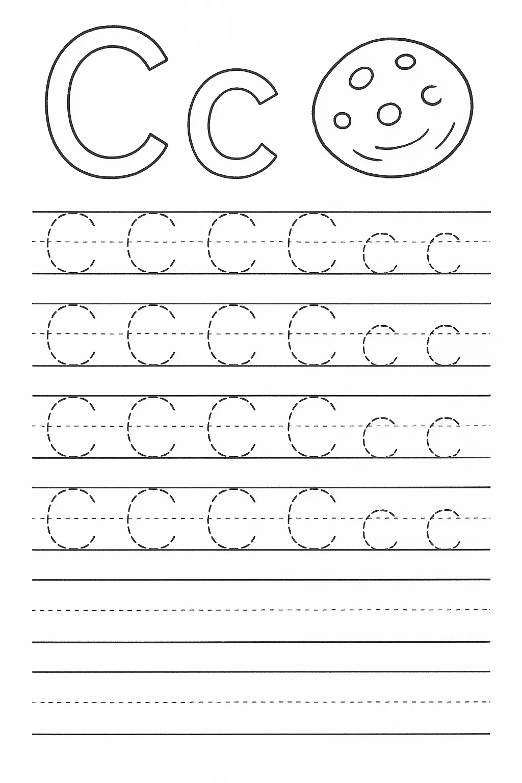 Alphabetübung für Kinder – Buchstabe C in Schreiblinien
