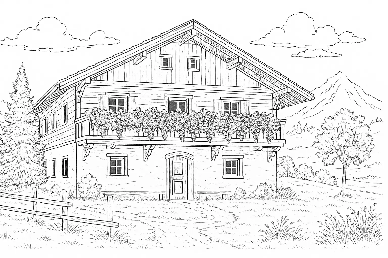 Almhütte Ausmalbild: Berghaus mit Balkon und Alpenlandschaft