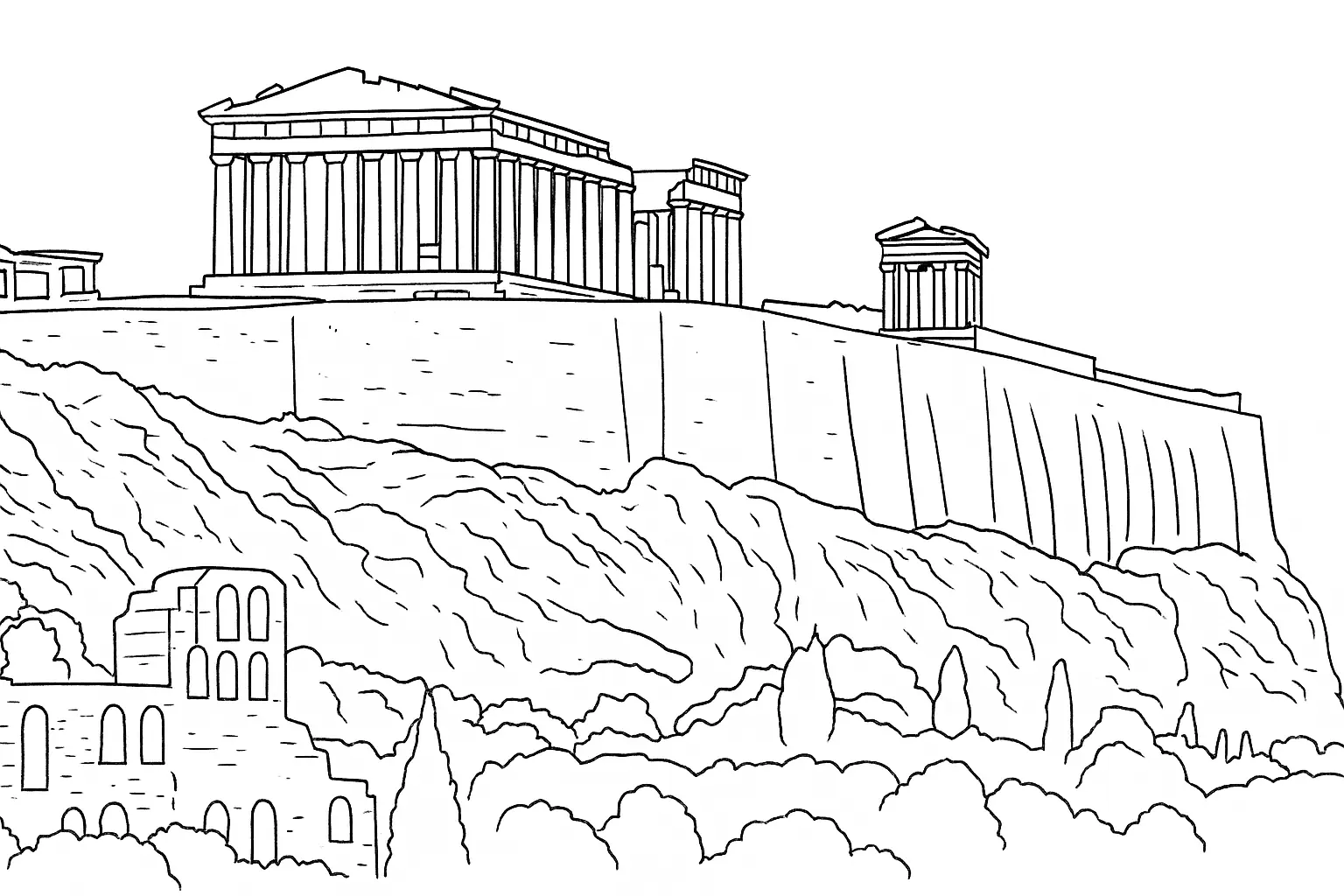 Antike Akropolis Ausmalbild – Malvorlage kostenlos A4