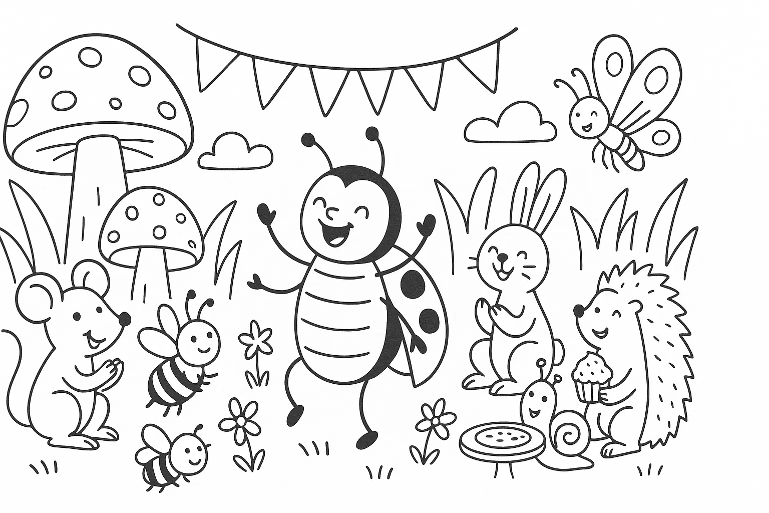 Tiere feiern ein Waldfest als Ausmalbild für Kinder