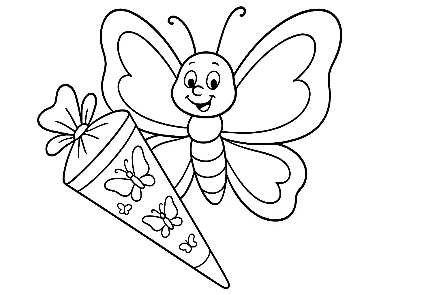 Einschulungsmotiv: Schmetterling trägt Schultüte mit Schleife