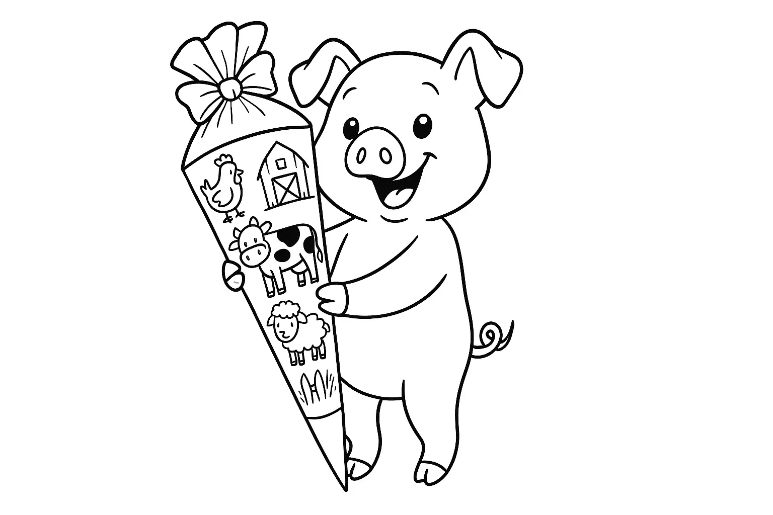 Malvorlage zur Einschulung: Schwein mit bunter Schultüte