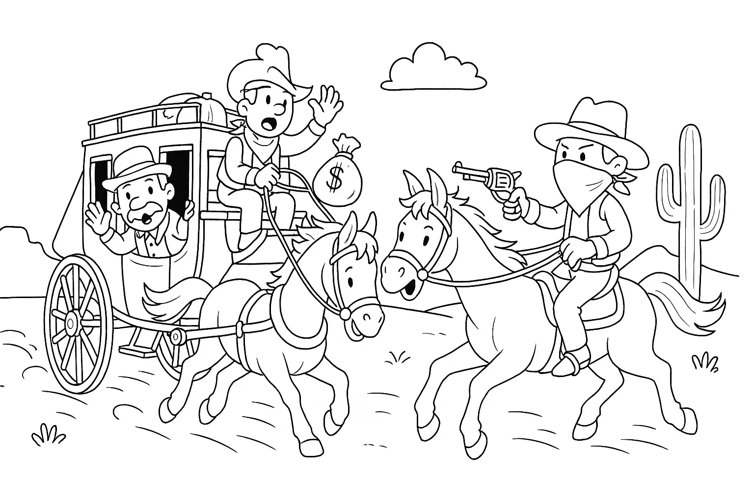 Bandido asalta diligencia – para colorear con jinete