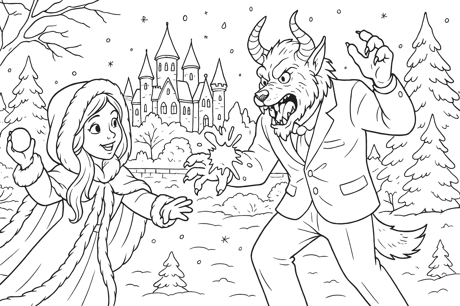 Die Schöne und das Biest – Ausmalbild mit Schneeballszene
