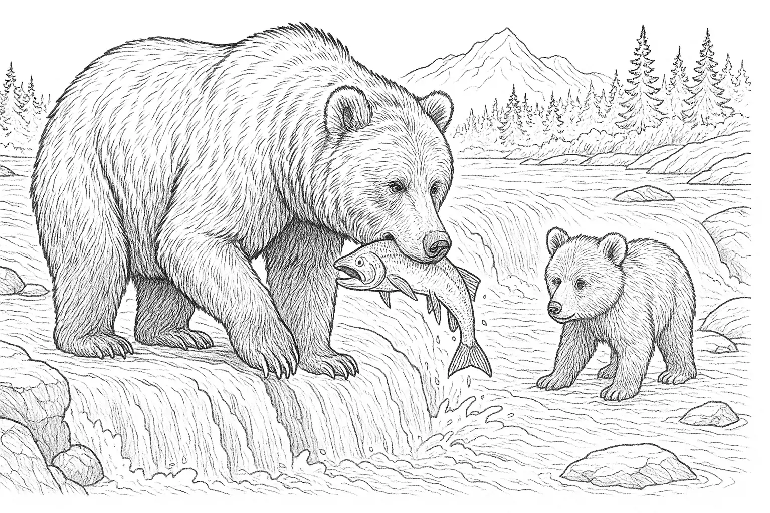 Gratis Ausmalbild Braunbär mit Fisch im Maul herunterladen