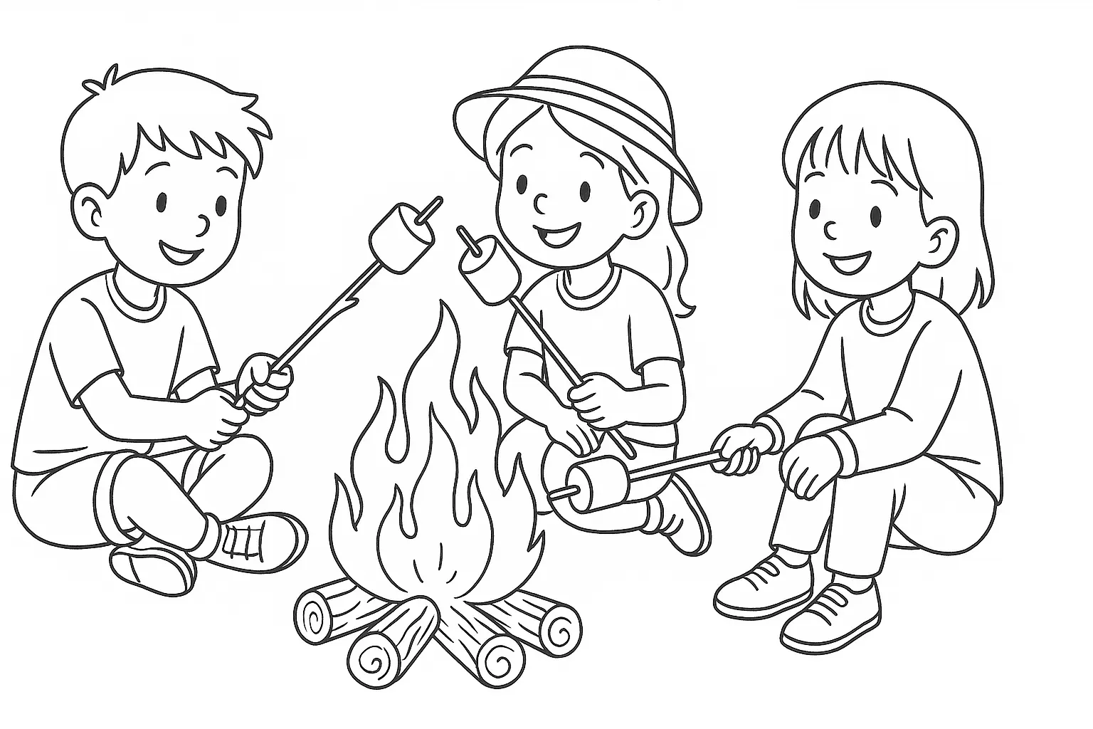 Camping Spaß: Kinder am Lagerfeuer als PDF Malvorlage