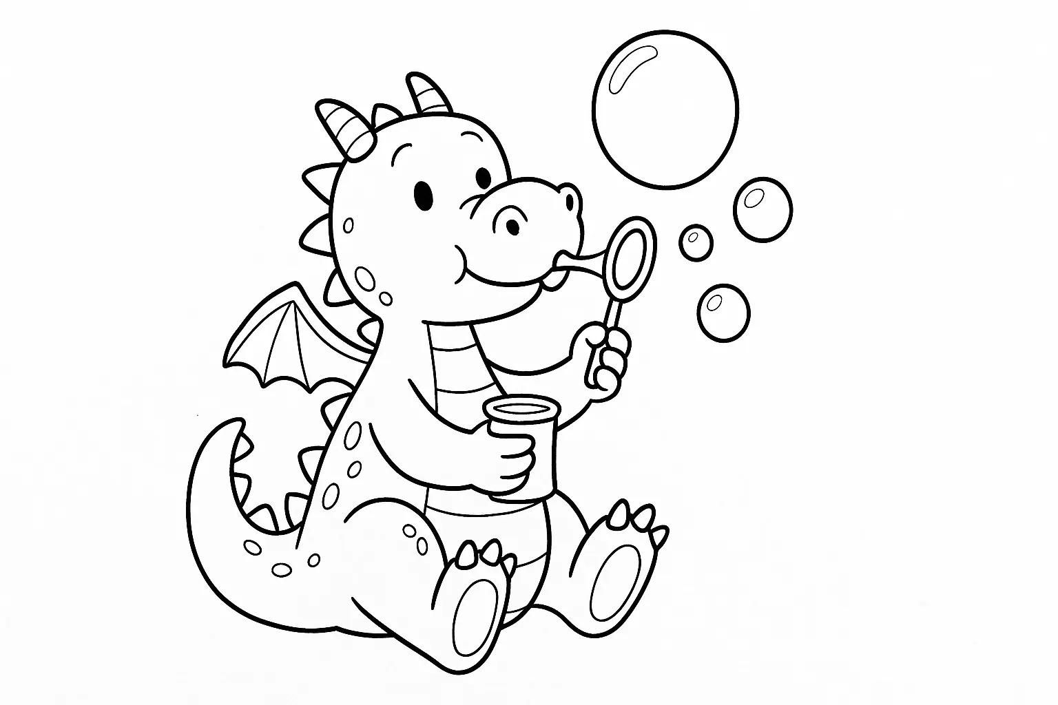 Fröhlicher Baby-Drache pustet Seifenblasen – PDF-Vorlage