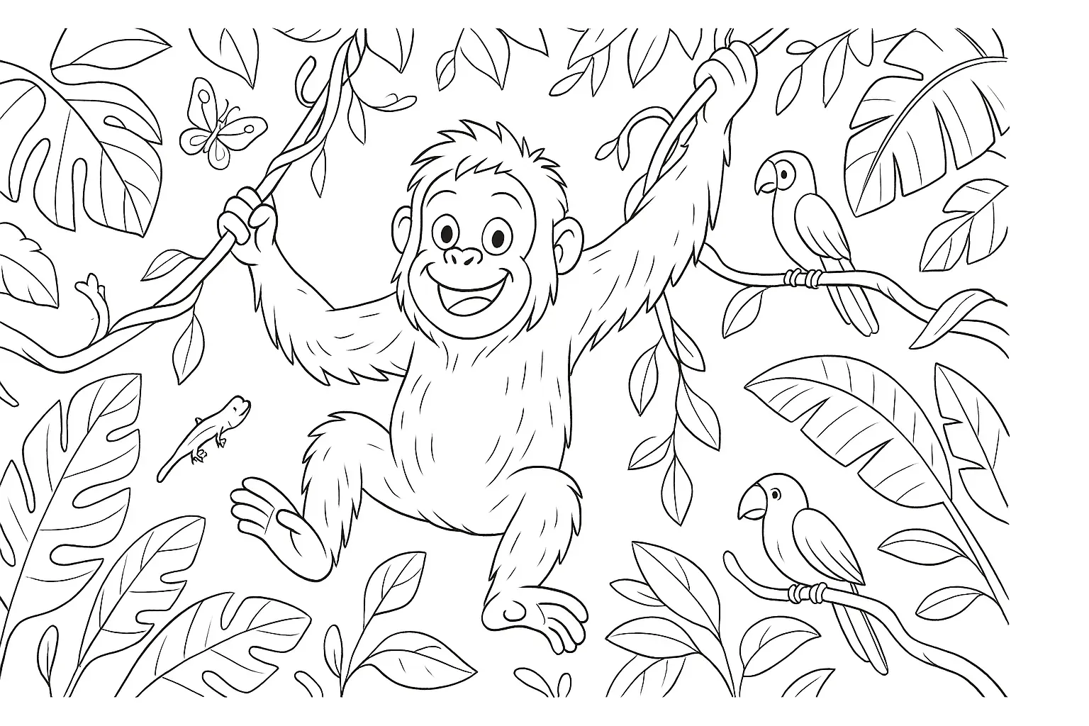 Fröhlicher Affe im Dschungel – PDF-Vorlage zum Ausmalen