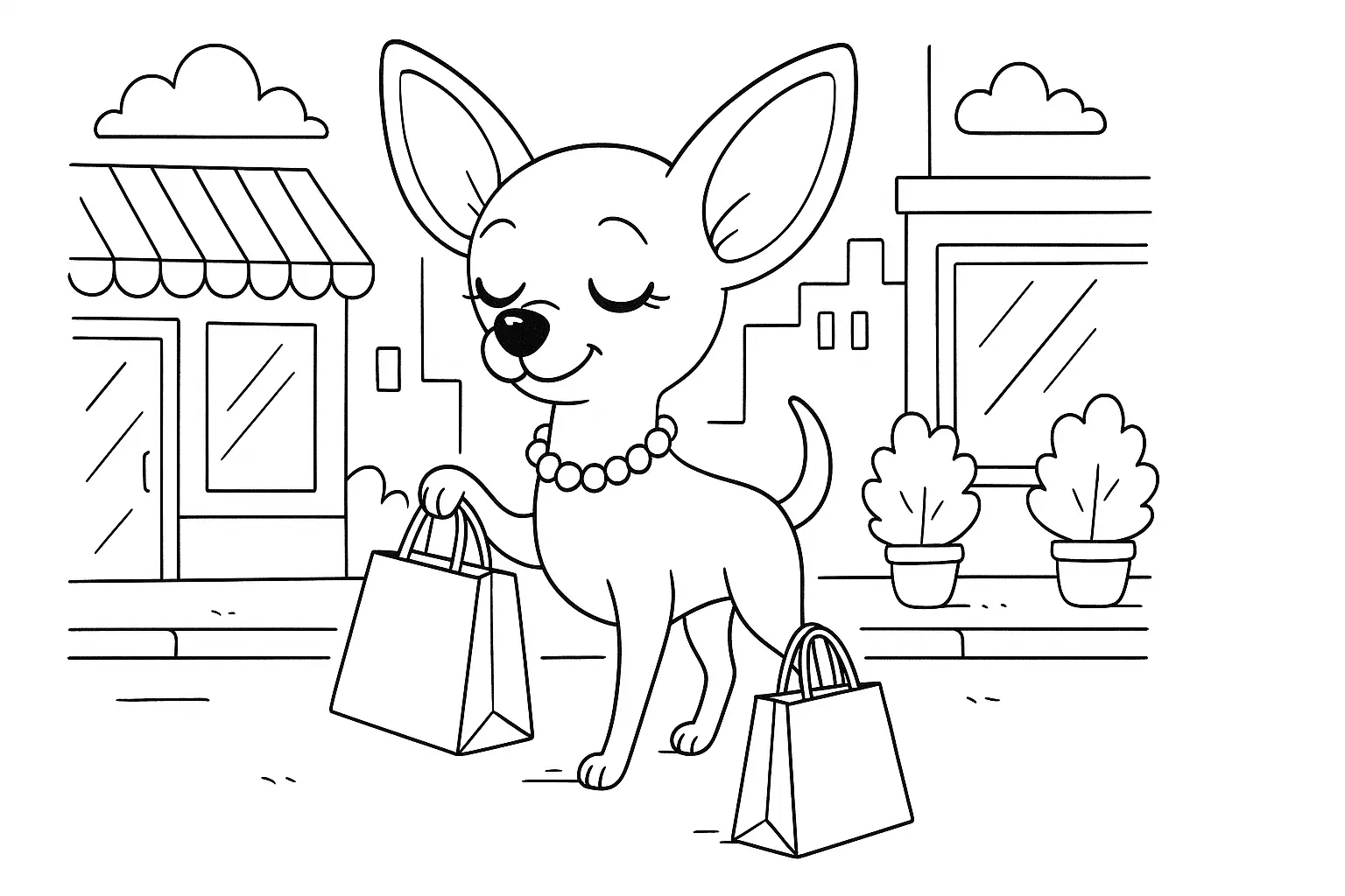 Chihuahua beim Shopping – süßes Hund Ausmalbild