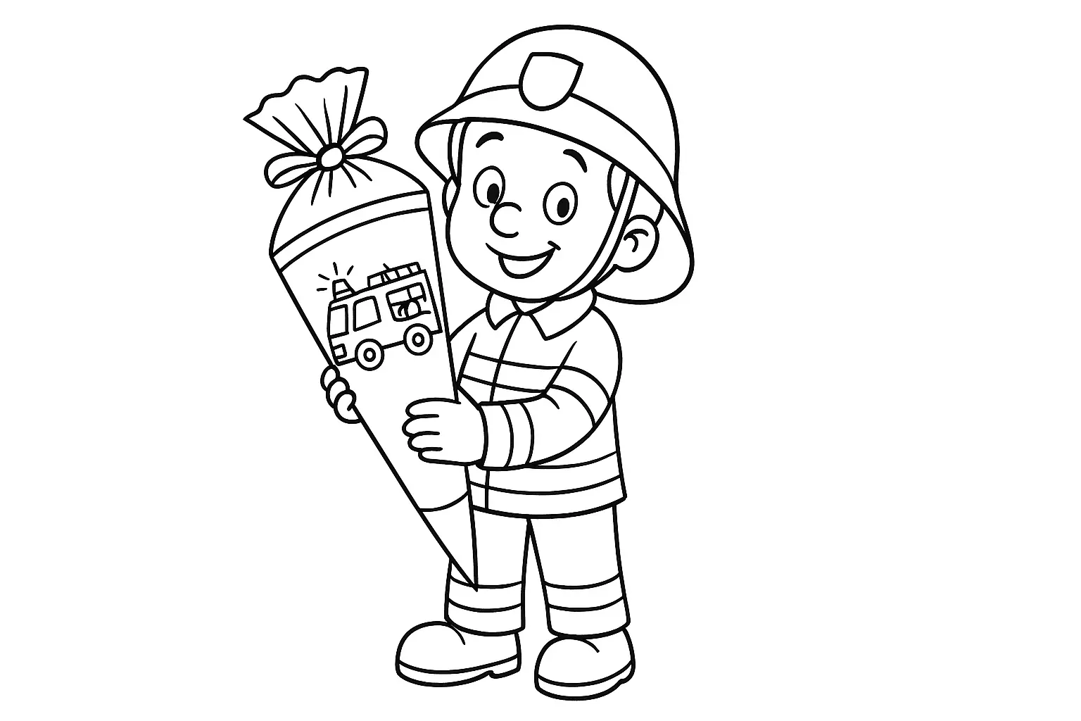 Kind mit Feuerwehrhelm und Schultüte als Malvorlage drucken