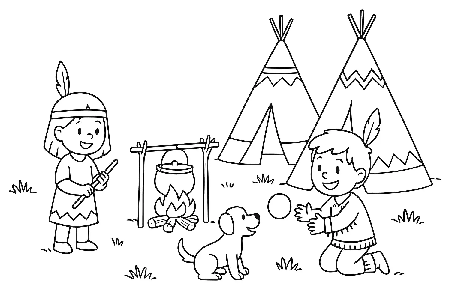 Children at a Tipi Camp by the Campfire – Coloring Page (PDF)