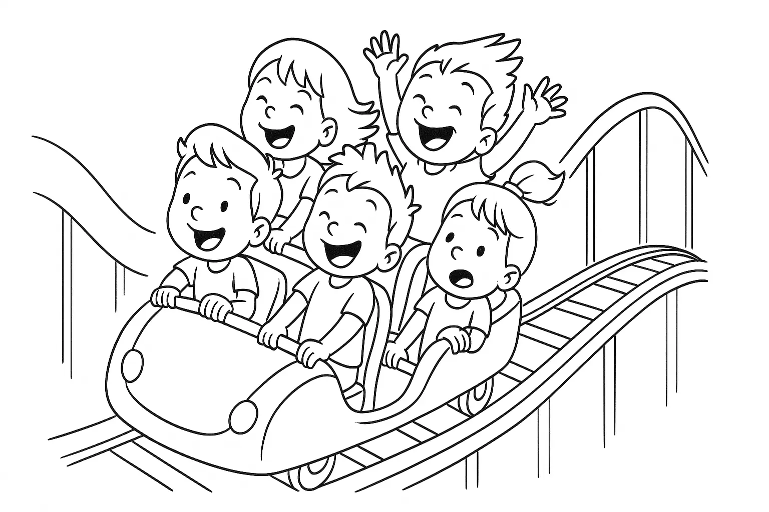 Kinder fahren Achterbahn – Ausmalbild zum Ausdrucken