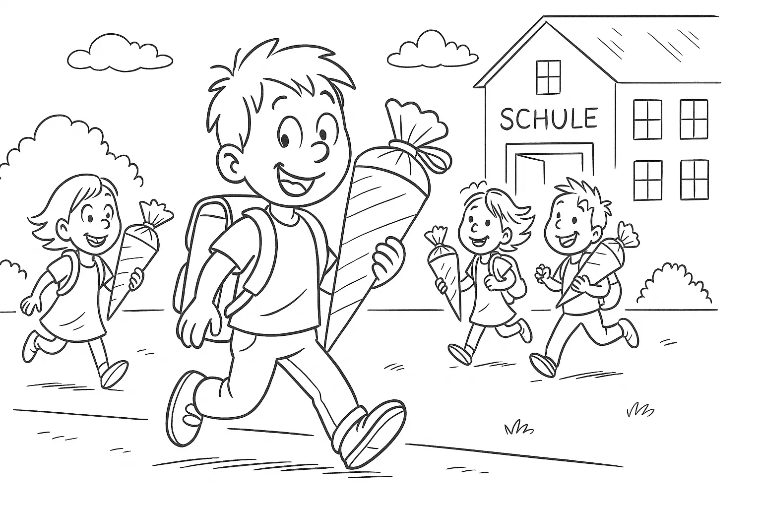 Kinder mit Schultüten Ausmalbild zum kostenlosen Download