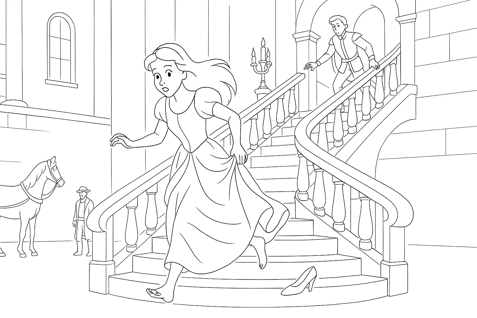 Ausmalbild mit Aschenputtel auf der Treppe gratis drucken