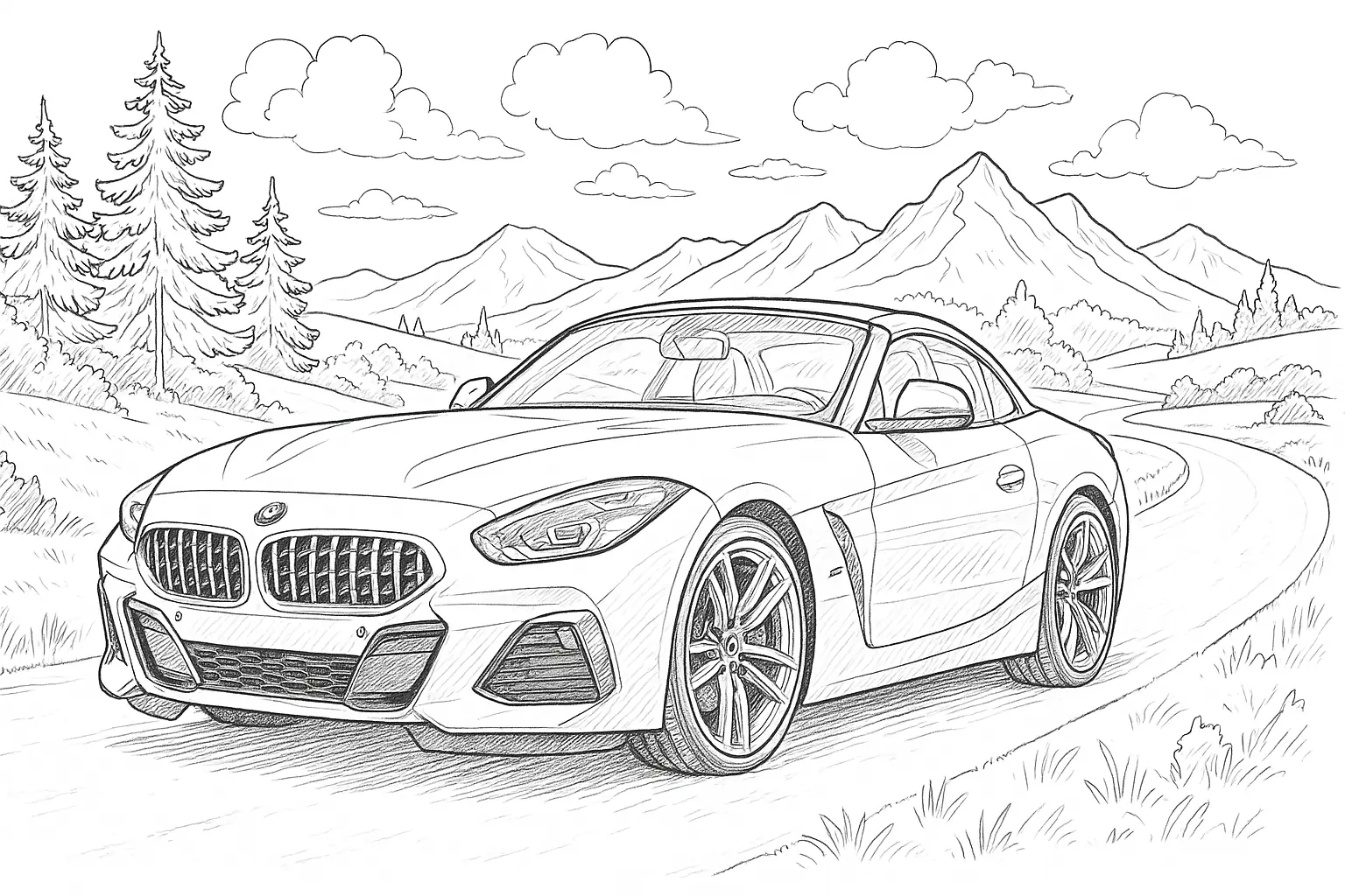 Ausmalbild: Auto auf Landstraße mit Bergen im Hintergrund