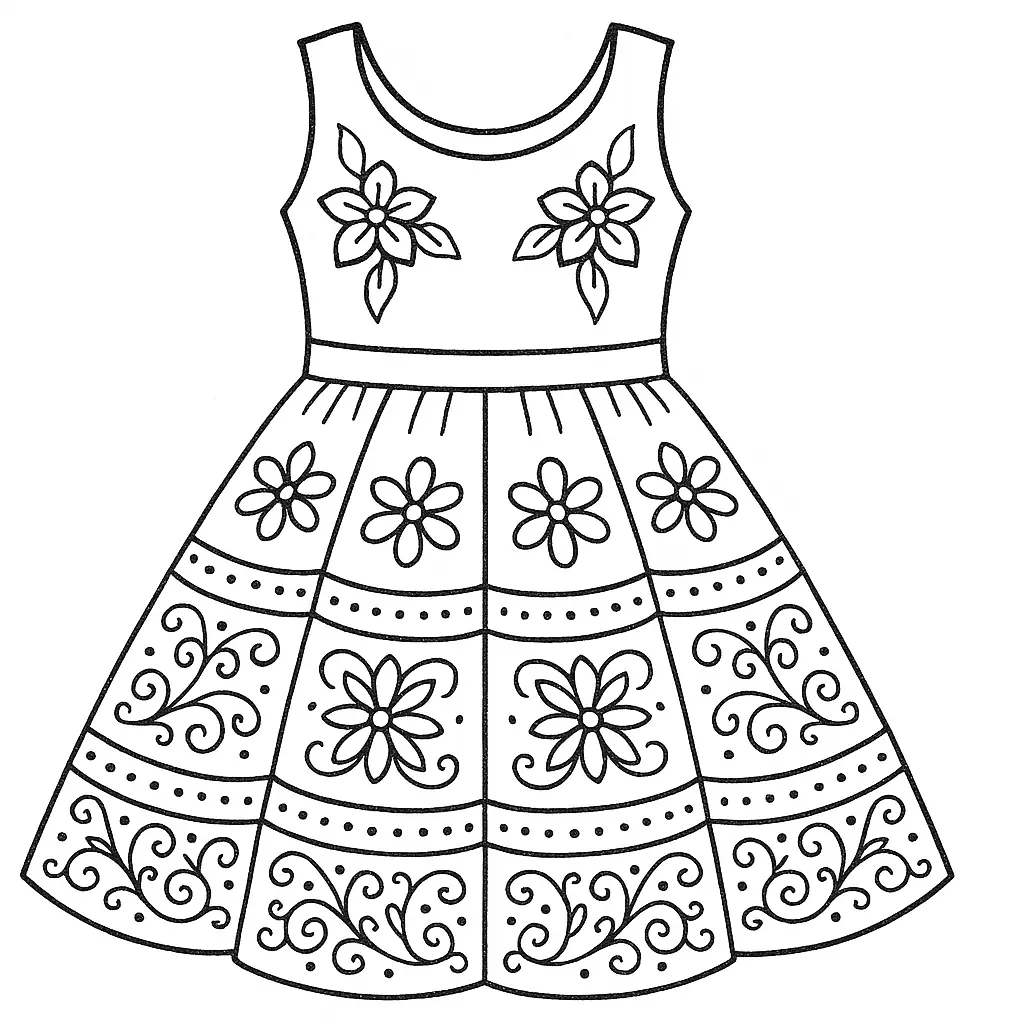 Schönes Ausmalmotiv: Kinderkleid mit Muster & Stil