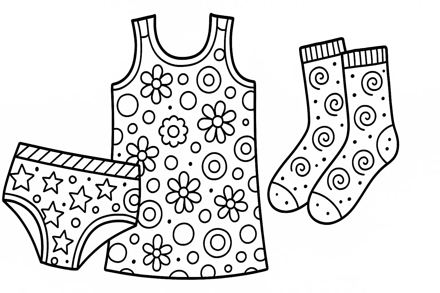 Ausmalbild: Kinder-Unterwäsche mit Mustern & Motiven