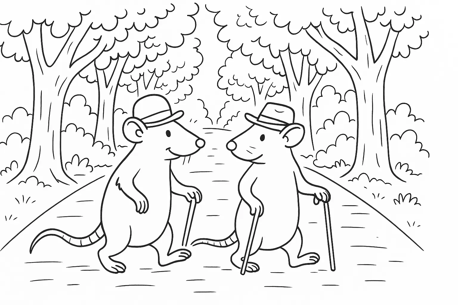 Ausmalbild: Zwei Mäuse spazieren durch den Wald