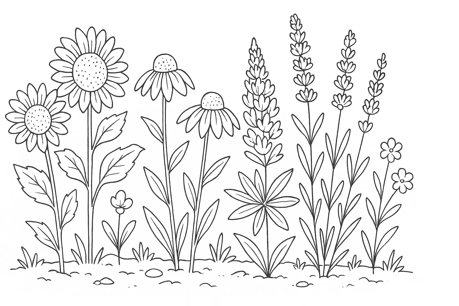 Ausmalbild mit Sonnenblumen, Lavendel und Wiesenblüten