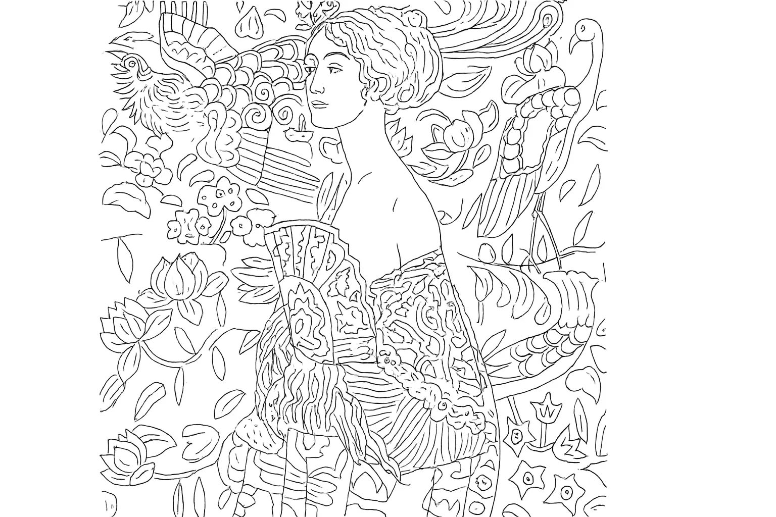 Coloriage : femme en kimono avec oiseaux & ornements (PDF)