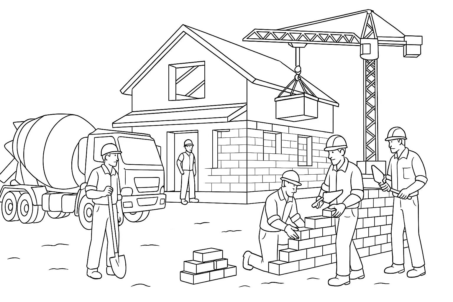 Baustelle mit Bauarbeitern und Kran