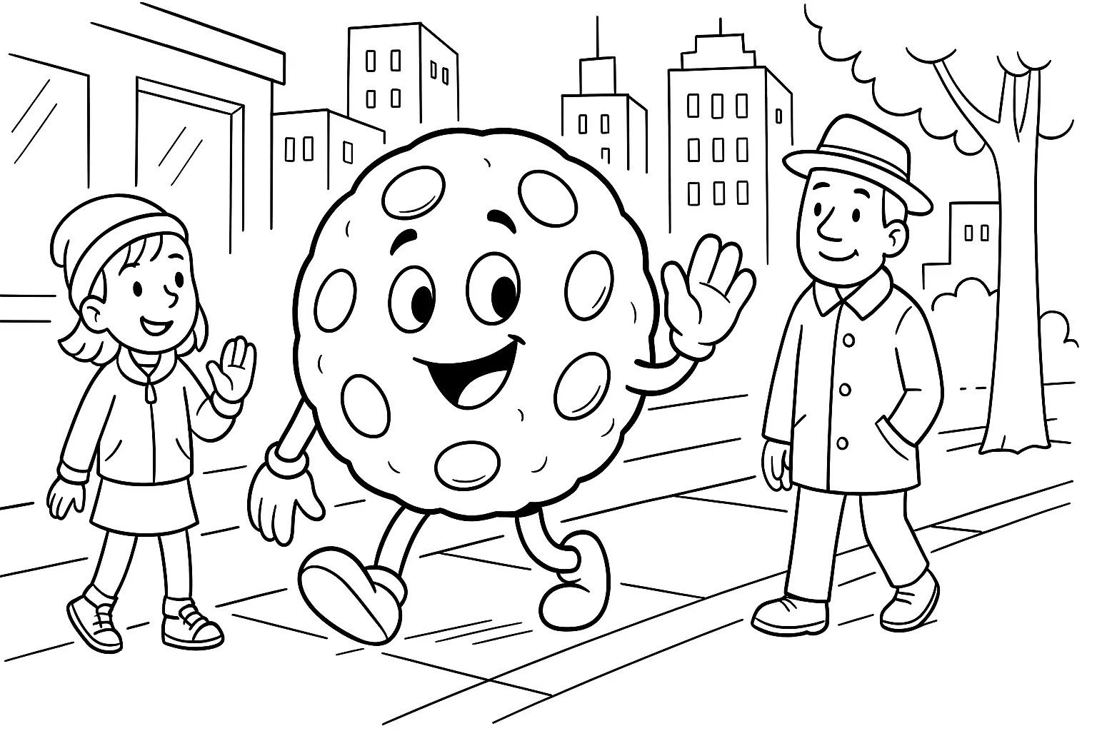 Ausmalbild: Keksfigur spaziert durch die Stadt mit Menschen