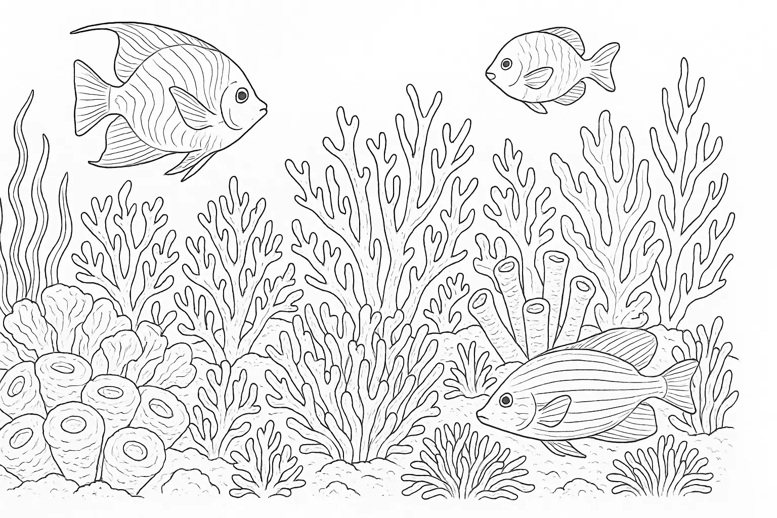 Korallenriff mit Fischen – Ausmalbild als PDF herunterladen