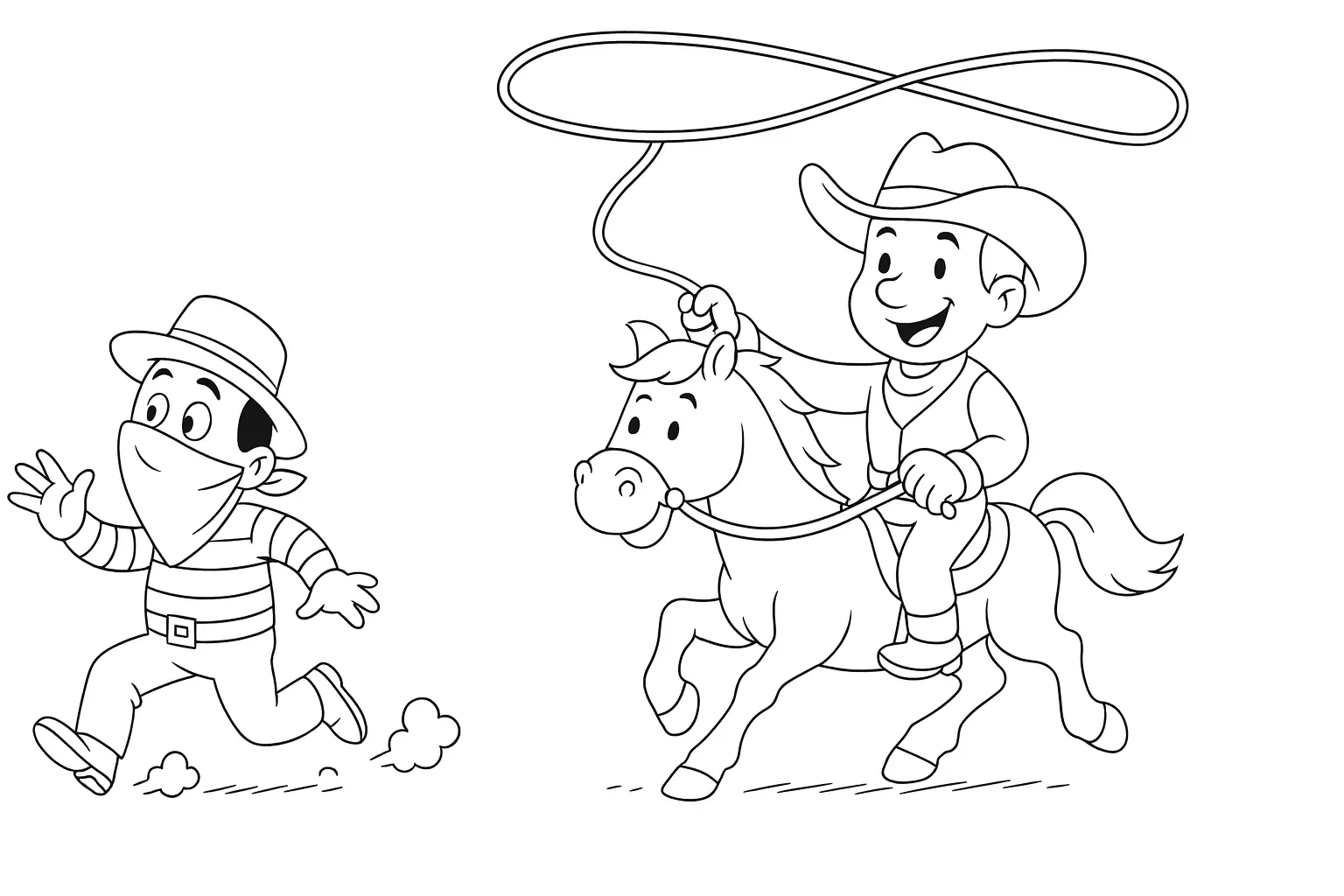 Cowboy jagt Banditen Ausmalbild – Malspaß im Wilden Westen