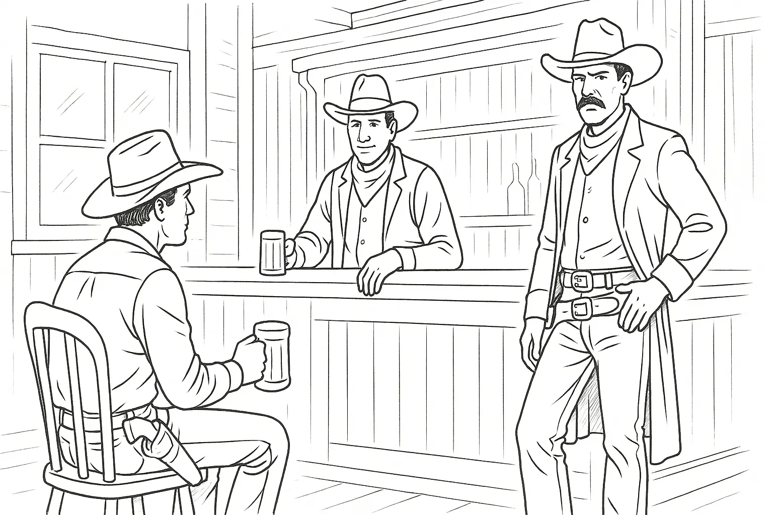 Cowboy im Saloon Ausmalbild kostenlos ausdrucken und malen