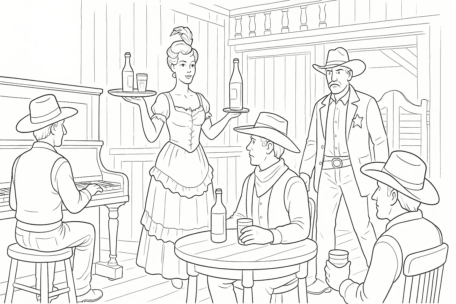 Ausmalbild mit Cowboys im Saloon kostenlos ausdrucken