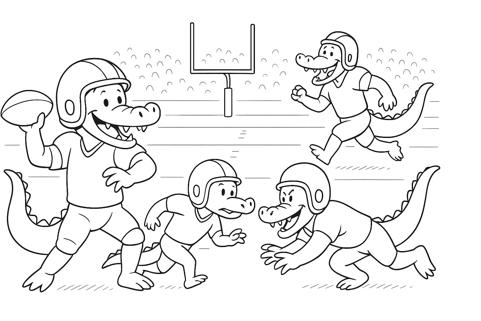 Krokodile beim Football – sportliches Ausmalbild als PDF