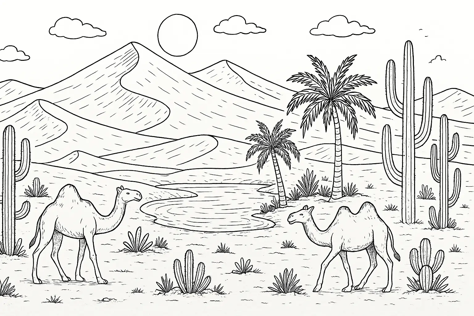Wüste Ausmalbild: Oase, Kakteen und Kamele zum Ausdrucken