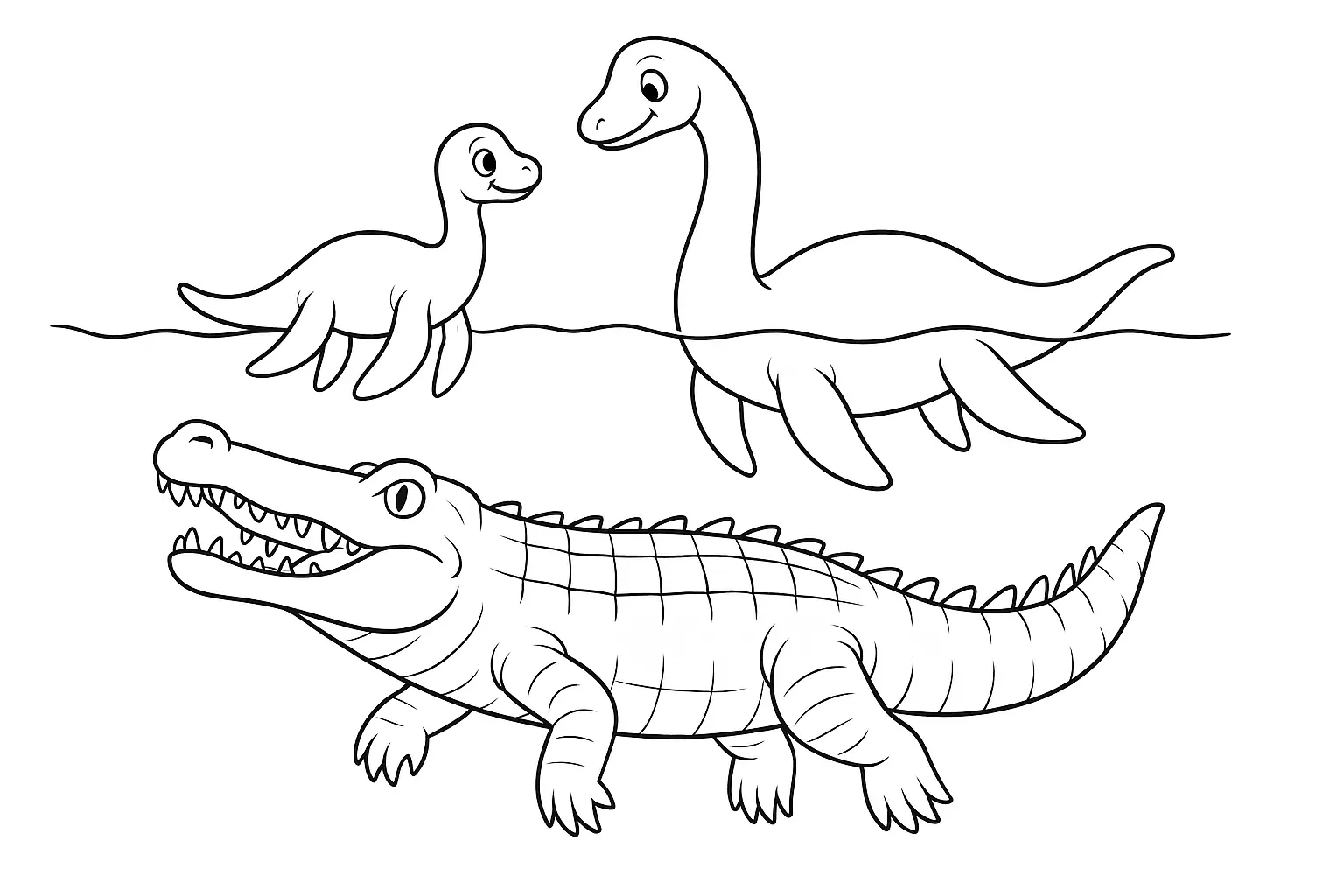Dino-Ausmalbild: Plesiosaurier mit Urzeitkrokodil