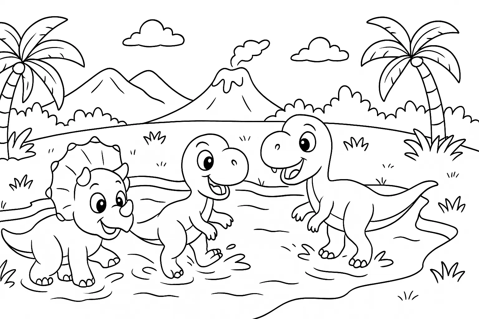 Dinosaurier Ausmalbild: Spielende Dinos in der Urzeit