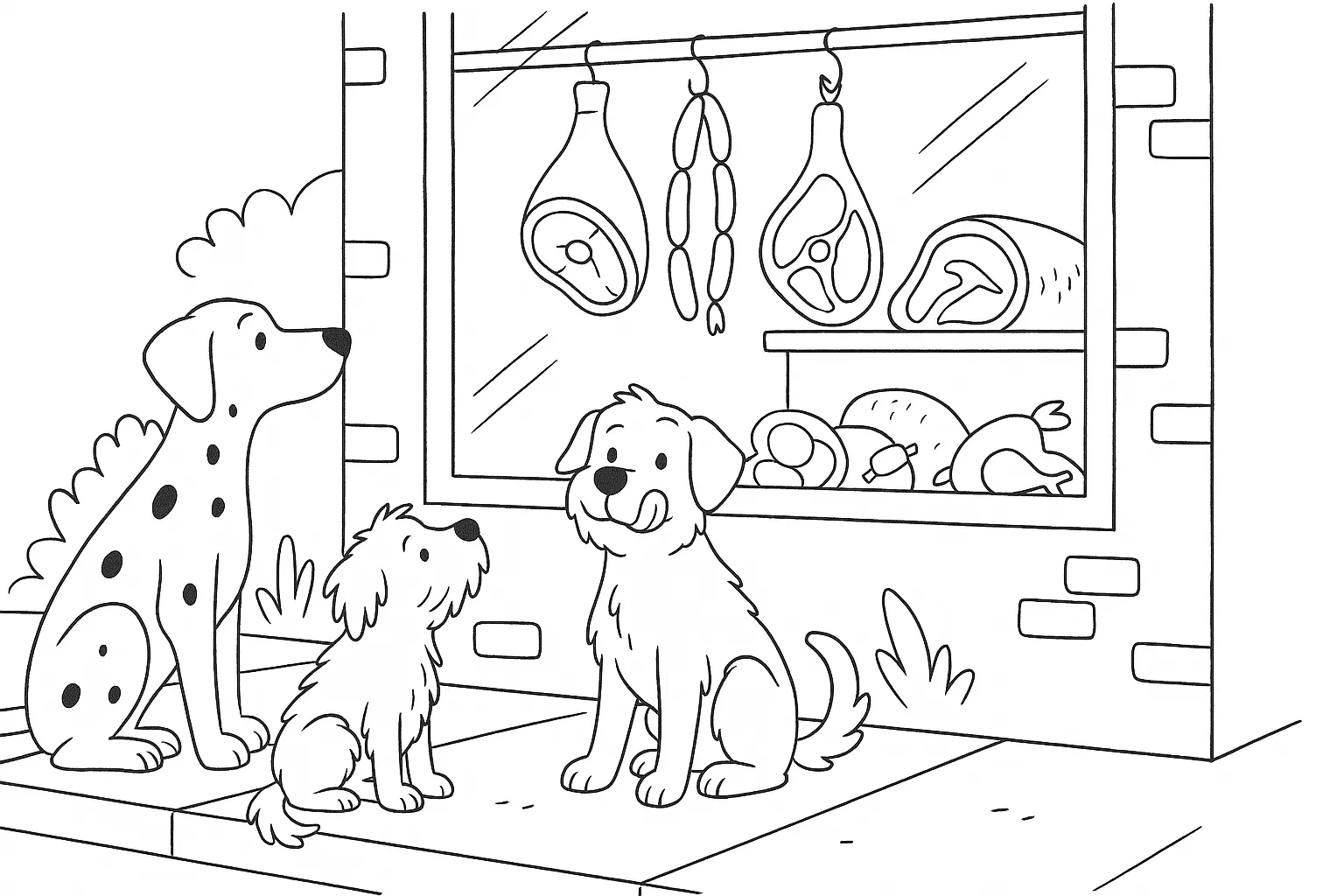 Hunde vor Metzgerei – Ausmalbild für Kinder kostenlos