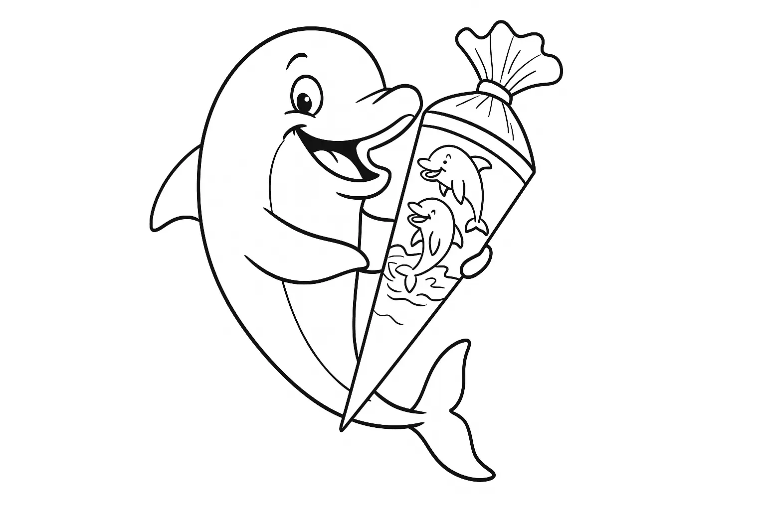Delfin mit Schultüte – Lustiges Ausmalbild zur Einschulung