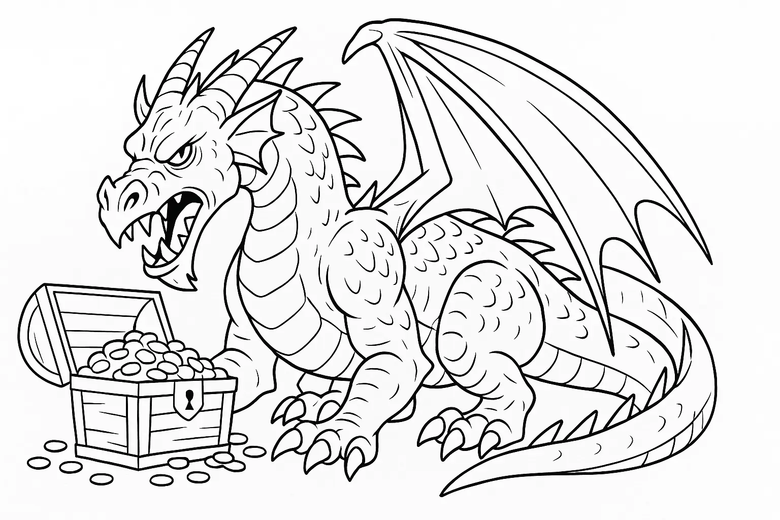 Drache Ausmalbild: kostenlose Malvorlage mit Schatztruhe