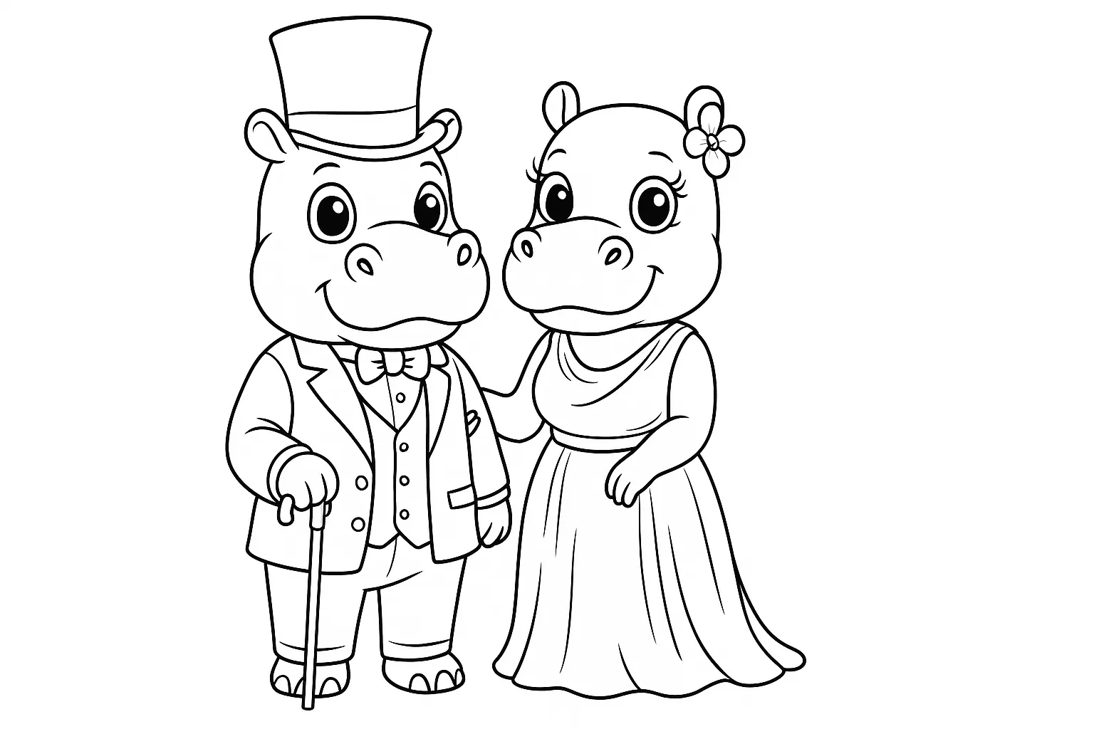 Elegantes Nilpferd-Paar: PDF-Malvorlage mit Frack und Kleid