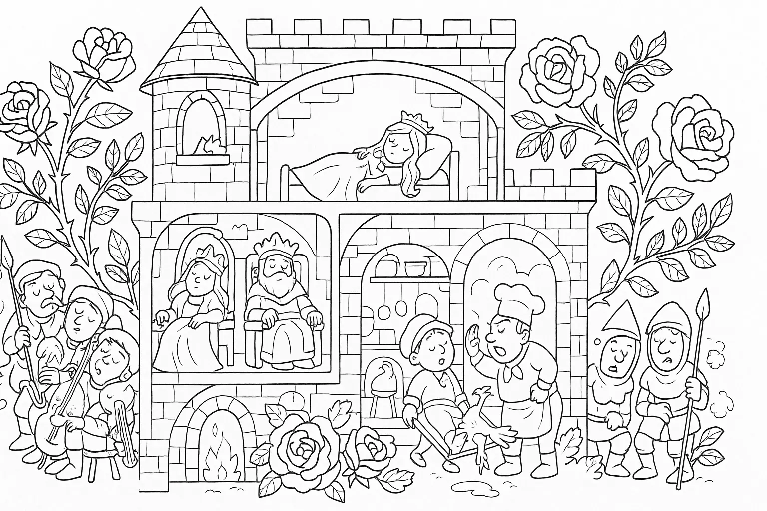 Verzaubertes Schloss – Ausmalmotiv mit Dornröschen
