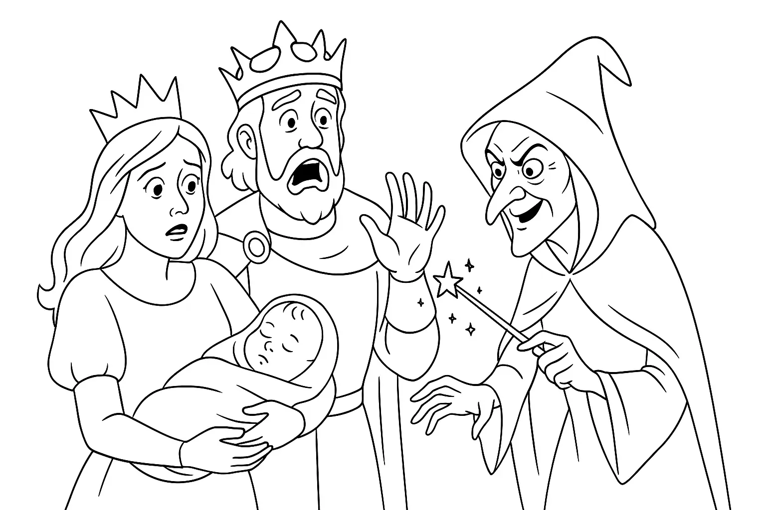 Die böse Fee verzaubert Dornröschen – kostenlose Malvorlage