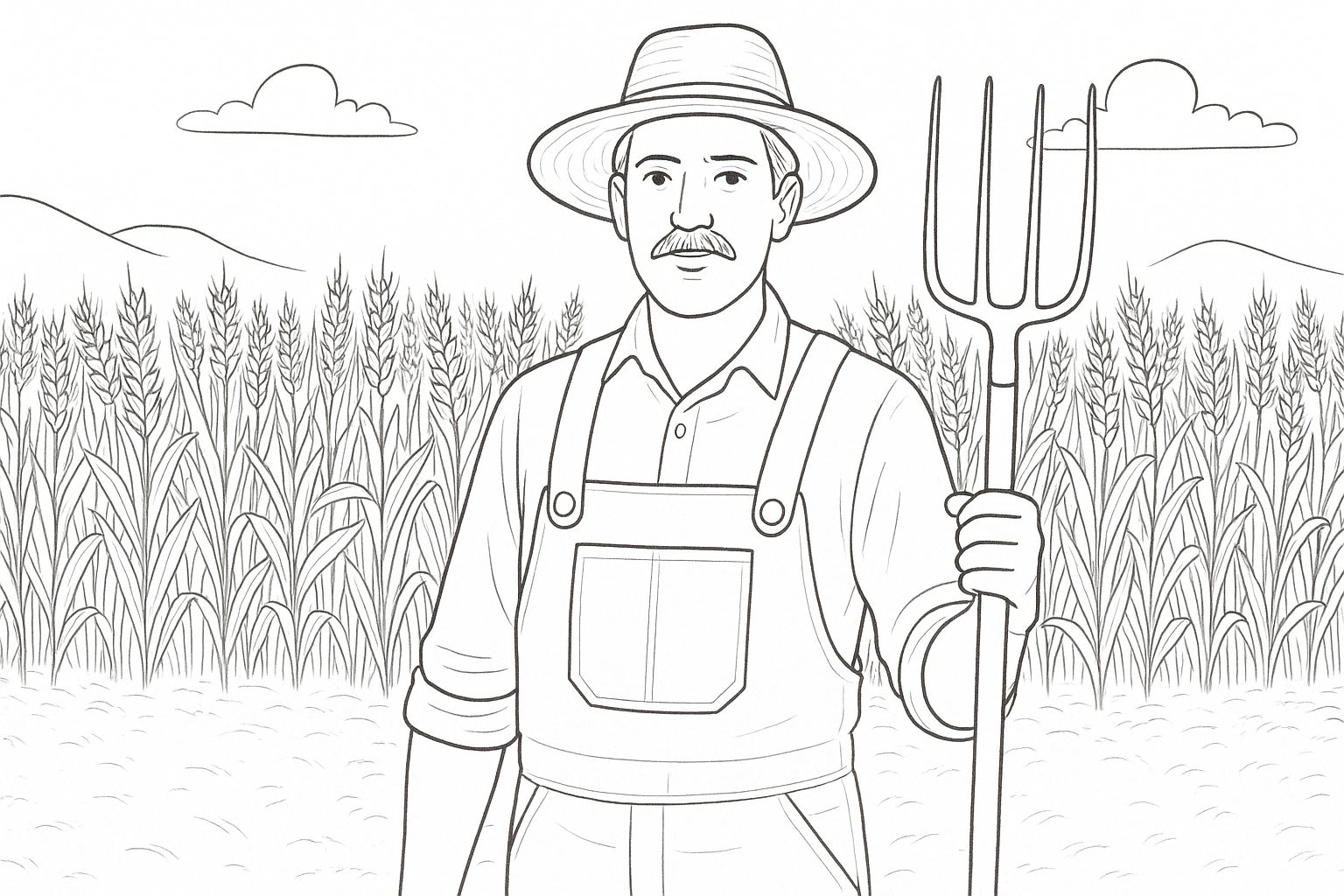 Farmer with Pitchfork in Front of Wheat Field