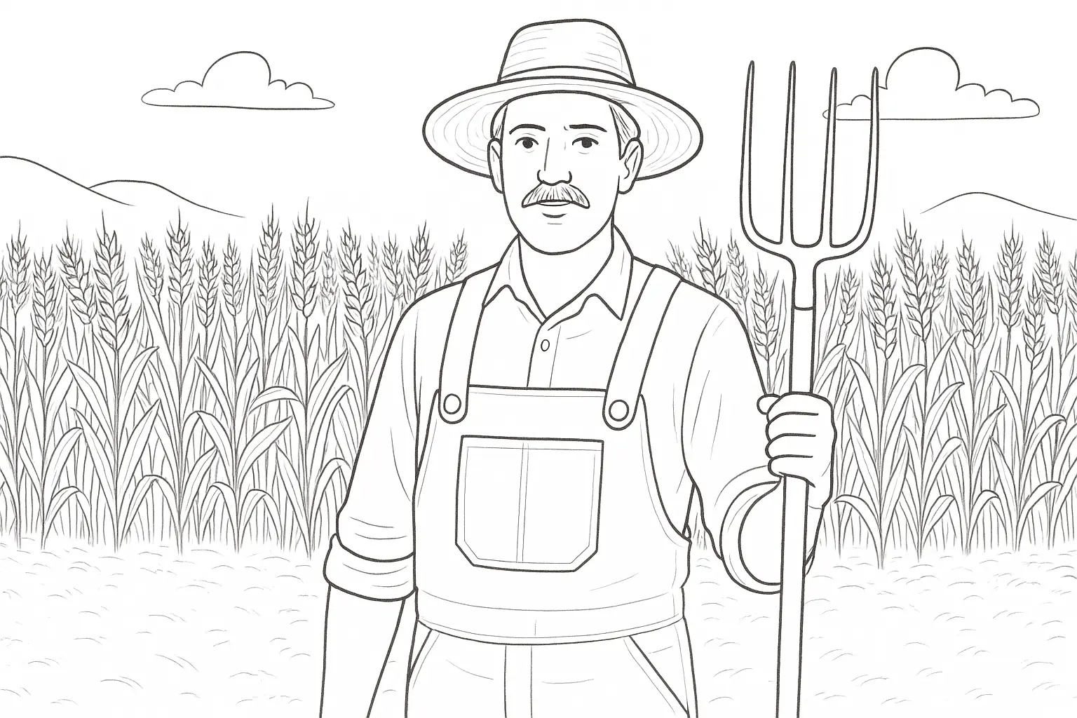 Bauer mit Mistgabel vor Weizenfeld