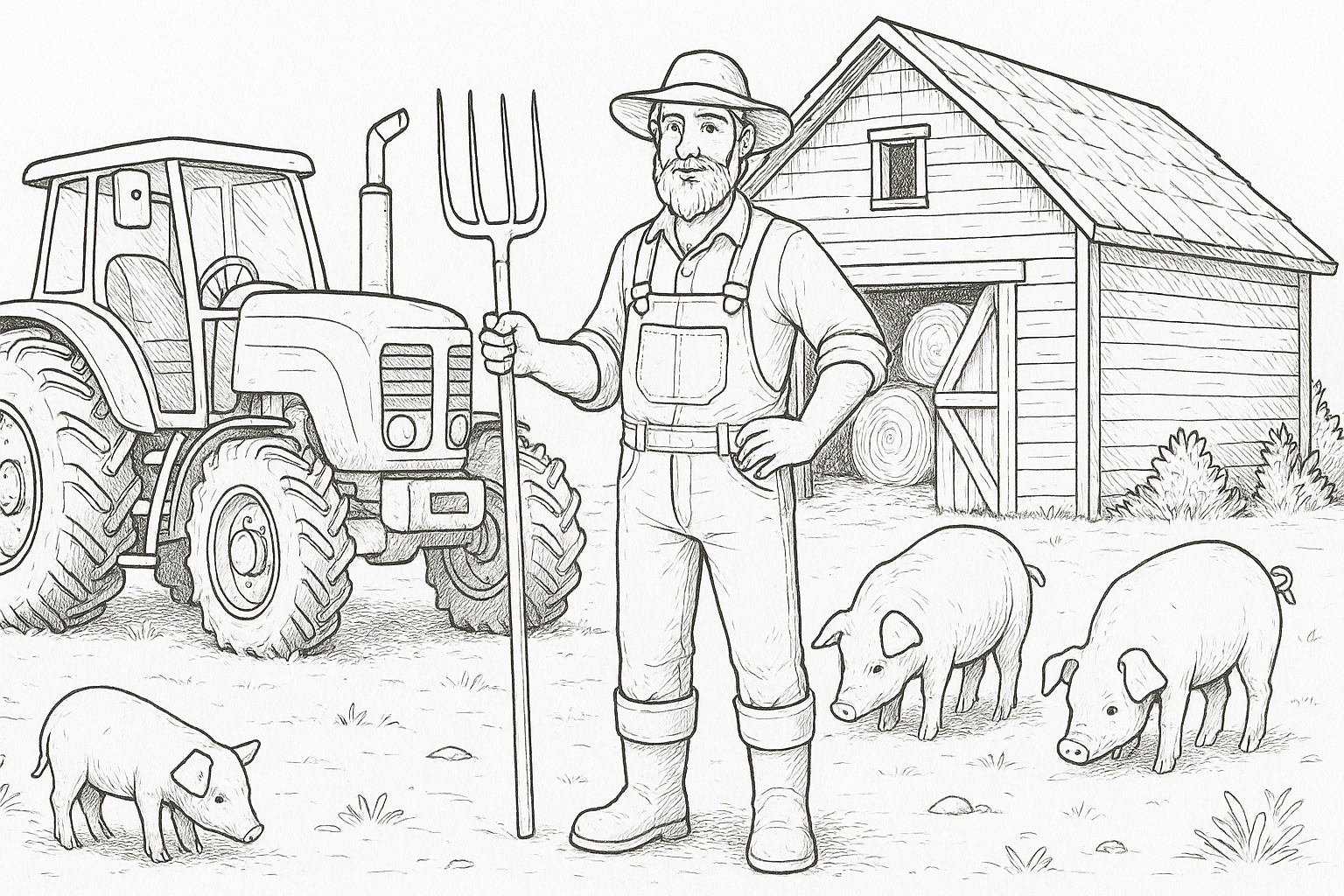 Farmer with Tractor, Barn, and Pigs