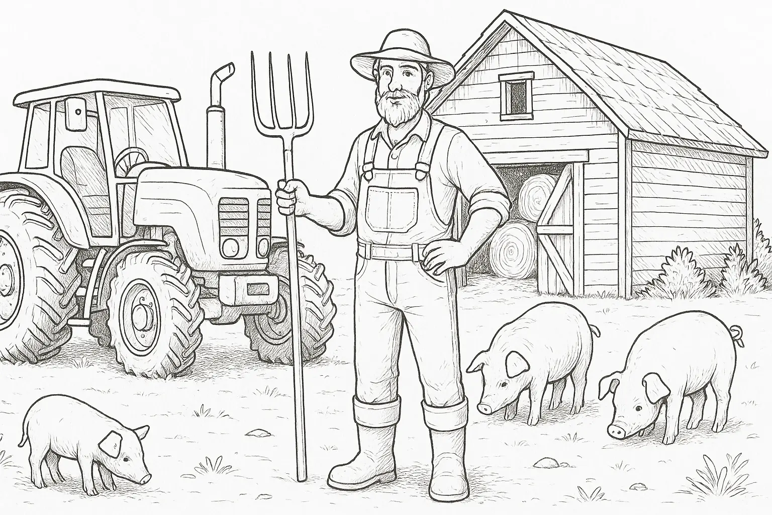 Bauer mit Traktor, Scheune und Schweinen