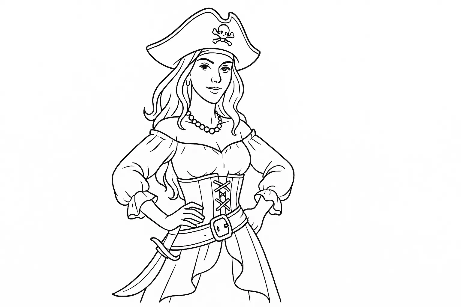 Ausmalbild mit einer Piratin kostenlos als PDF Vorlage