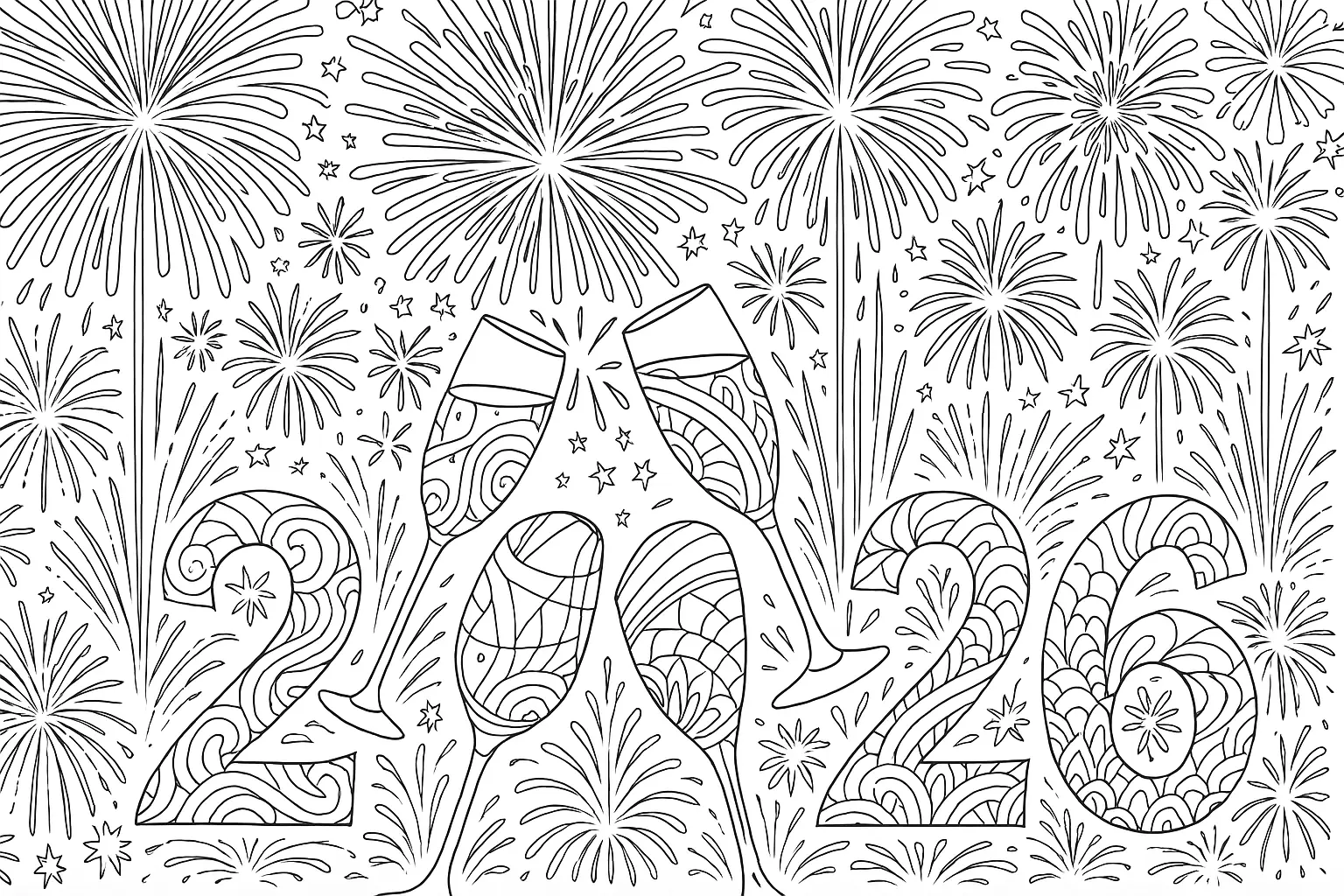 Feuerwerk 2026 mit Sektgläsern